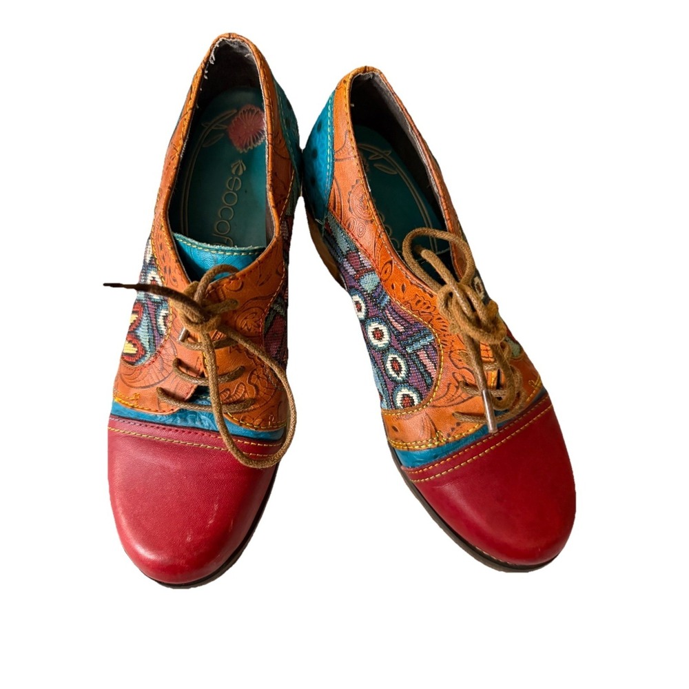 Socofy Genuine Leather Bohemian Patchwork Loafers in Red Orange Green Artsy 36